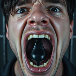 An extreme close-up of a scared white man's mouth, showing an 'O' shape as he holds a black condom inside