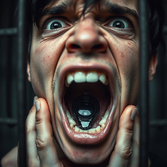 An extreme close-up of a scared white man's mouth, showing an 'O' shape as he holds a black condom inside