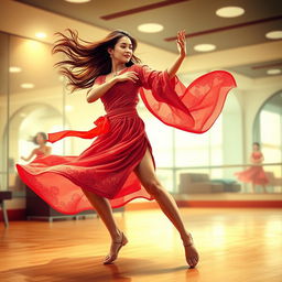 A dynamic and graceful depiction of a woman dancing, characterized by fluid movements and elegant poses