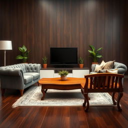 A stylish living room setup featuring three distinct furniture pieces: 1) A vintage tufted grey sofa with elegant buttons and sleek wooden legs, 2) A classic low wooden coffee table with a shiny, polished surface, and 3) An ornate wooden bench with a unique slatted design and curved legs