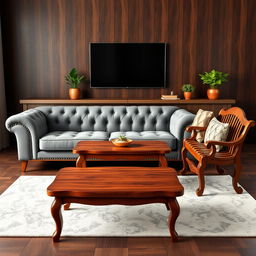 A stylish living room setup featuring three distinct furniture pieces: 1) A vintage tufted grey sofa with elegant buttons and sleek wooden legs, 2) A classic low wooden coffee table with a shiny, polished surface, and 3) An ornate wooden bench with a unique slatted design and curved legs