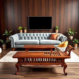 A stylish living room setup featuring three distinct furniture pieces: 1) A vintage tufted grey sofa with elegant buttons and sleek wooden legs, 2) A classic low wooden coffee table with a shiny, polished surface, and 3) An ornate wooden bench with a unique slatted design and curved legs