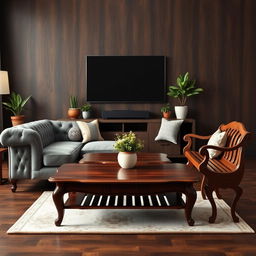 A stylish living room setup featuring three distinct furniture pieces: 1) A vintage tufted grey sofa with elegant buttons and sleek wooden legs, 2) A classic low wooden coffee table with a shiny, polished surface, and 3) An ornate wooden bench with a unique slatted design and curved legs