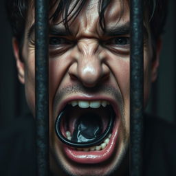 An extreme close-up shot of a scared white man's mouth, with dark hair visible above