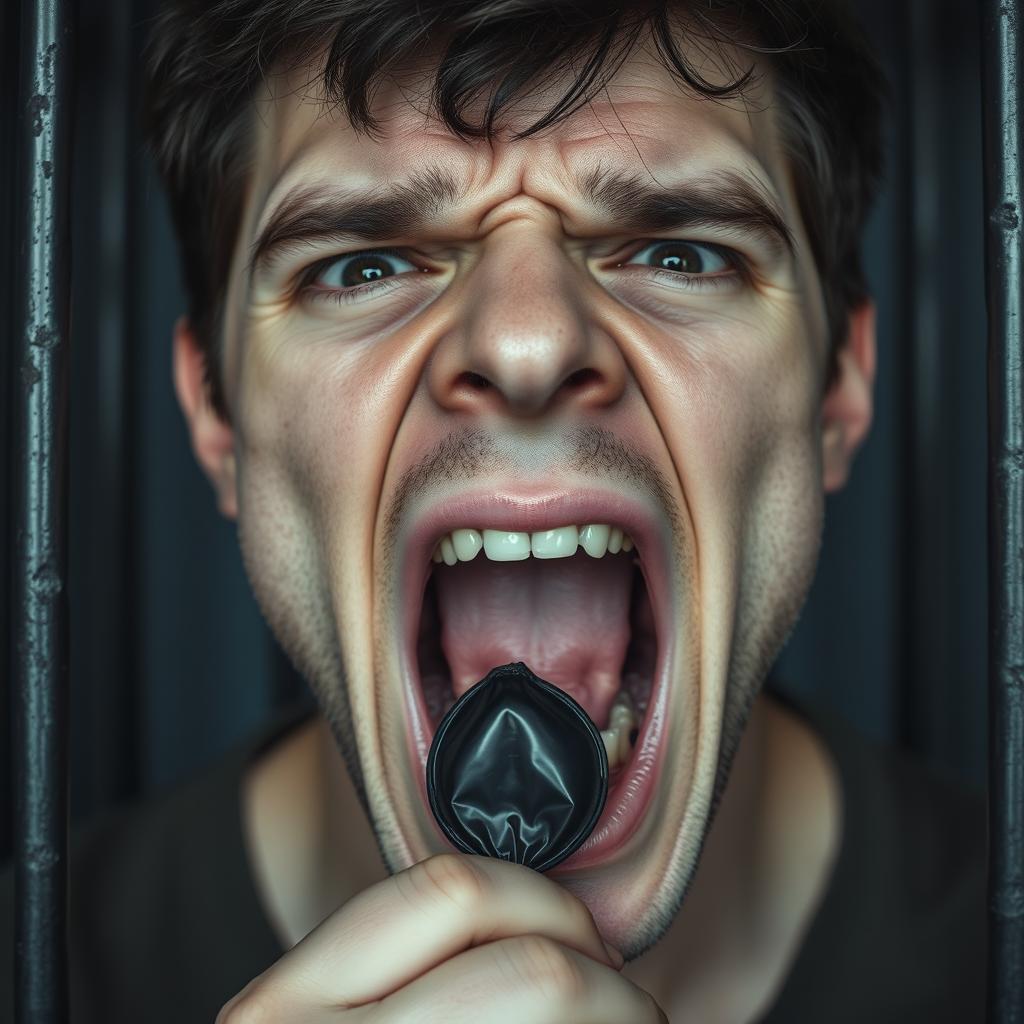 An extreme close-up shot of a scared white man's mouth, with dark hair visible above