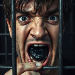 An extreme close-up shot of a scared white man's mouth, with dark hair visible above