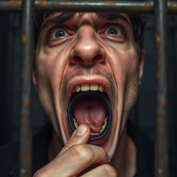 An extreme close-up shot of a scared white man's mouth, with dark hair visible above