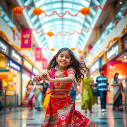 A vibrant scene inside a bustling mall in India, featuring a young Indian girl joyfully dancing