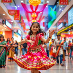 A vibrant scene inside a bustling mall in India, featuring a young Indian girl joyfully dancing