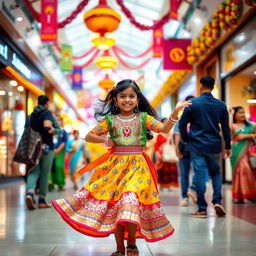 A vibrant scene inside a bustling mall in India, featuring a young Indian girl joyfully dancing