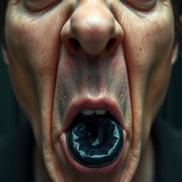 An extreme close-up of a scared white man's mouth, showing great detail with his lips parted in an 'O' shape