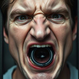 An extreme close-up of a scared white man's mouth, showing great detail with his lips parted in an 'O' shape