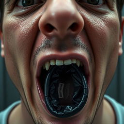 An extreme close-up of a scared white man's mouth, showing great detail with his lips parted in an 'O' shape