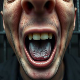 An extreme close-up of a scared white man's mouth, showing great detail with his lips parted in an 'O' shape