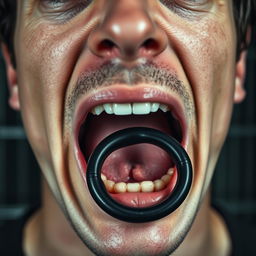 An extreme close-up of a scared white man's mouth, showcasing his expression of fear