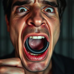 An extreme close-up of a scared white man's mouth, showcasing his expression of fear