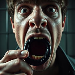 An extreme close-up shot focusing on the mouth of a scared white man with dark hair, his mouth formed in an 'O' shape