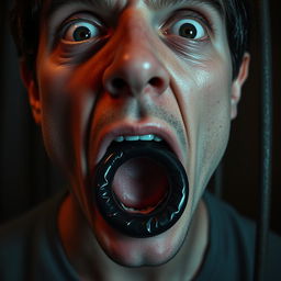 An extreme close-up shot focusing on the mouth of a scared white man with dark hair, his mouth formed in an 'O' shape