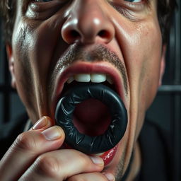 An extreme close-up shot focusing on the mouth of a scared white man with dark hair, his mouth formed in an 'O' shape