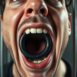 An extreme close-up shot focusing on the mouth of a scared white man with dark hair, his mouth formed in an 'O' shape