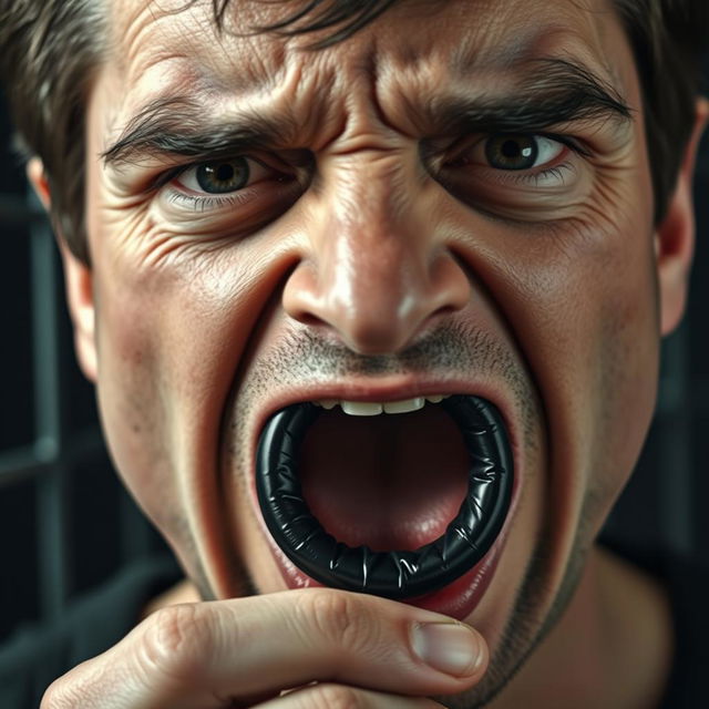 An extreme close-up of a scared white man's mouth, with dark hair, forming an 'O' shape