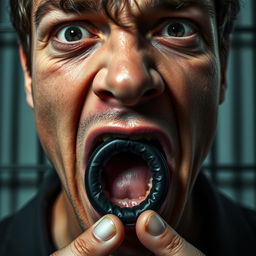 An extreme close-up of a scared white man's mouth, with dark hair, forming an 'O' shape