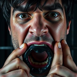 An extreme close-up of a scared white man's mouth, with dark hair, forming an 'O' shape