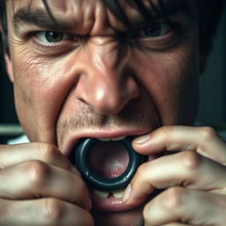 An extreme close-up of a scared white man's mouth, with dark hair, forming an 'O' shape