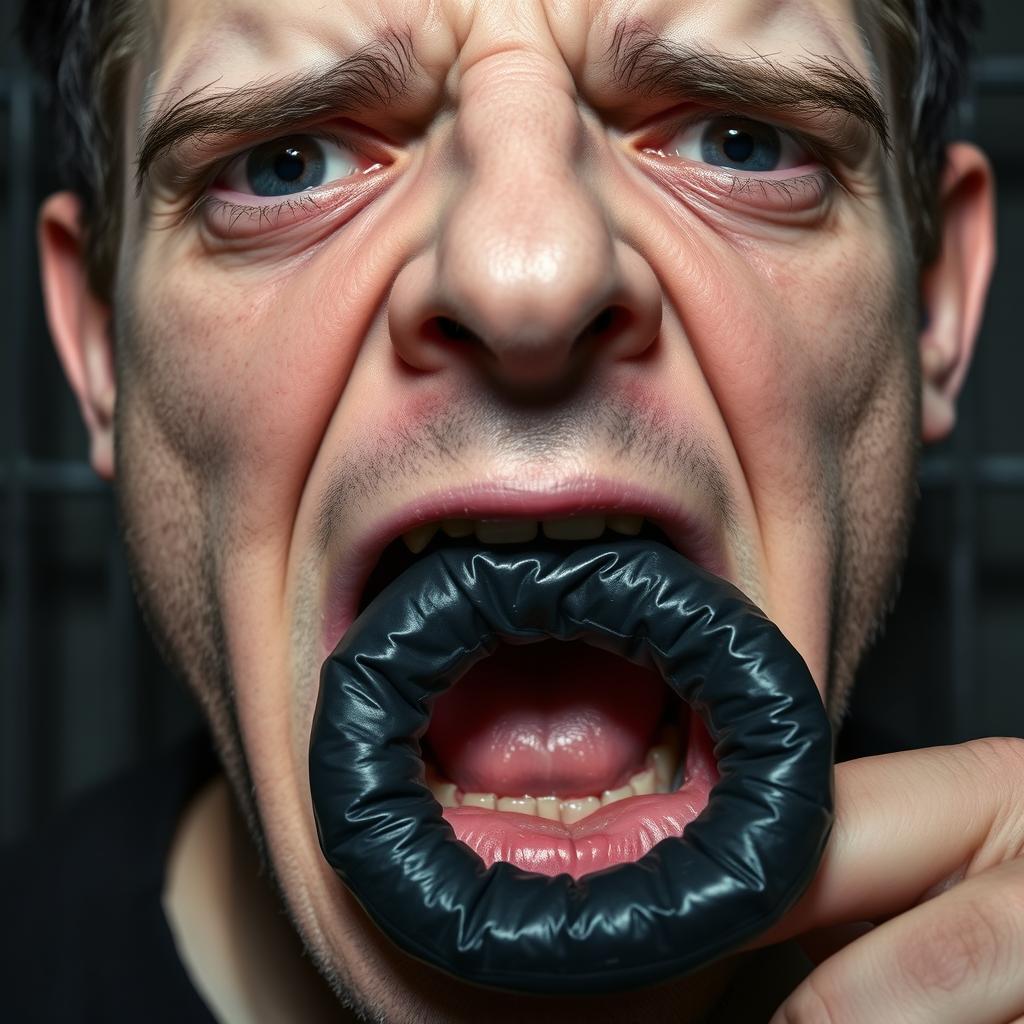 An extreme close-up of a scared white man's mouth, featuring dark hair, tightly forming an 'O' shape, no visible teeth