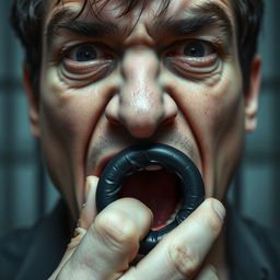 An extreme close-up of a scared white man's mouth, featuring dark hair, tightly forming an 'O' shape, no visible teeth