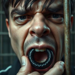 An extreme close-up of a scared white man's mouth, featuring dark hair, tightly forming an 'O' shape, no visible teeth