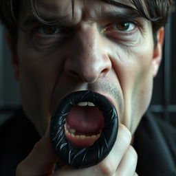 An extreme close-up of a scared white man's mouth, featuring dark hair, tightly forming an 'O' shape, no visible teeth