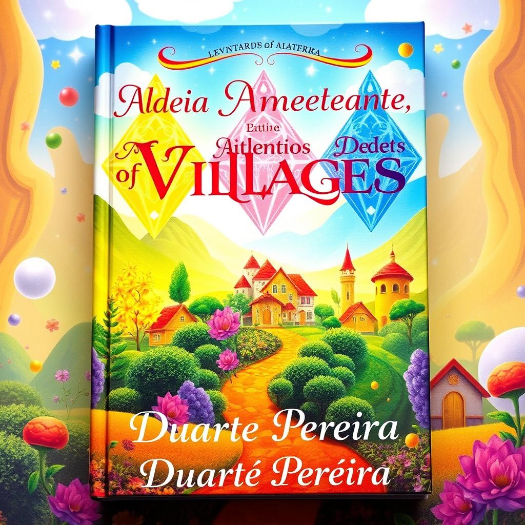 A colorful and enchanting book cover featuring three villages: Aldeia Amarela (Yellow Village), Aldeia Diamante (Diamond Village), and Aldeia dos Ricos (Rich Village)