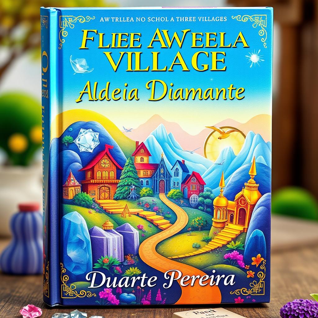 A colorful and enchanting book cover featuring three villages: Aldeia Amarela (Yellow Village), Aldeia Diamante (Diamond Village), and Aldeia dos Ricos (Rich Village)