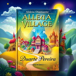 A colorful and enchanting book cover featuring three villages: Aldeia Amarela (Yellow Village), Aldeia Diamante (Diamond Village), and Aldeia dos Ricos (Rich Village)