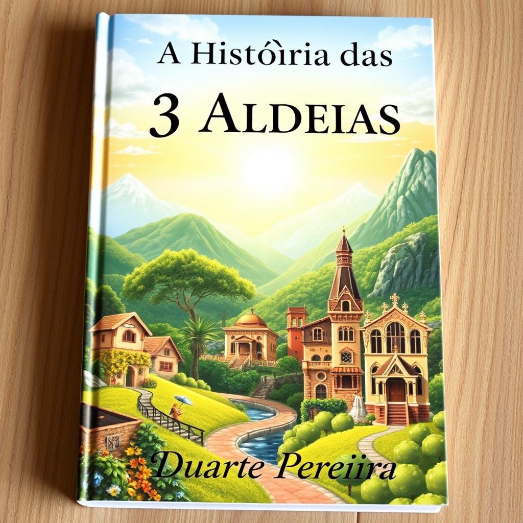 A realistic book cover titled 'A História das 3 Aldeias' featuring three distinct villages: Aldeia Amarela (Yellow Village), Aldeia Diamante (Diamond Village), and Aldeia dos Ricos (Rich Village)