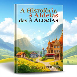 A realistic book cover titled 'A História das 3 Aldeias' featuring three distinct villages: Aldeia Amarela (Yellow Village), Aldeia Diamante (Diamond Village), and Aldeia dos Ricos (Rich Village)