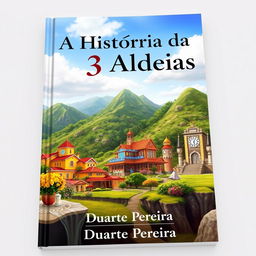 A realistic book cover titled 'A História das 3 Aldeias' featuring three distinct villages: Aldeia Amarela (Yellow Village), Aldeia Diamante (Diamond Village), and Aldeia dos Ricos (Rich Village)