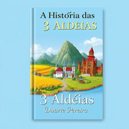 A realistic book cover titled 'A História das 3 Aldeias' featuring three distinct villages: Aldeia Amarela (Yellow Village), Aldeia Diamante (Diamond Village), and Aldeia dos Ricos (Rich Village)