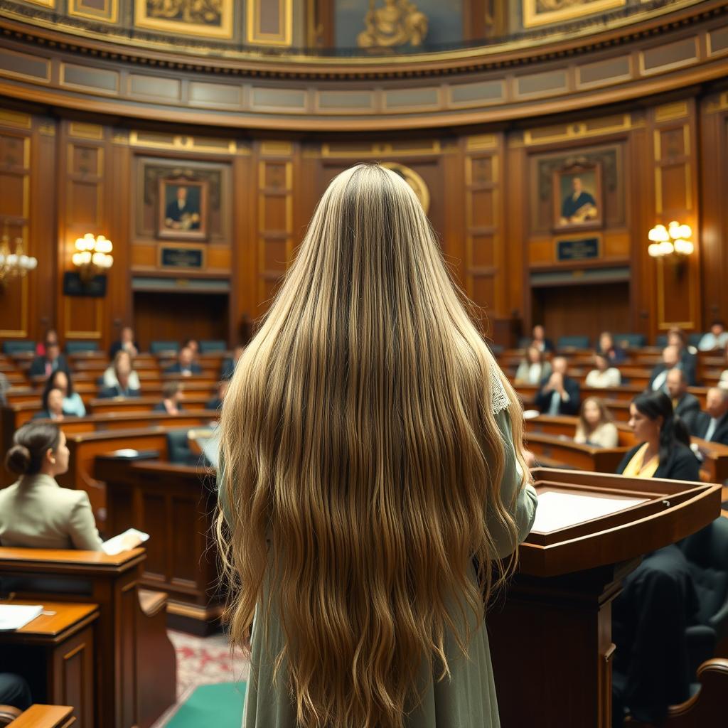 A scene inside a parliament hall, showcasing a female parliament member with very long, silky, and flowing hair down, dressed in a traditional Palestinian dress