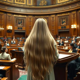 A scene inside a parliament hall, showcasing a female parliament member with very long, silky, and flowing hair down, dressed in a traditional Palestinian dress