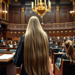 A scene inside a parliament hall, showcasing a female parliament member with very long, silky, and flowing hair down, dressed in a traditional Palestinian dress