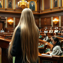 A scene inside a parliament hall, showcasing a female parliament member with very long, silky, and flowing hair down, dressed in a traditional Palestinian dress