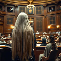 A scene inside a parliament hall, showcasing a female parliament member with very long, silky, and flowing hair down, dressed in a traditional Palestinian dress