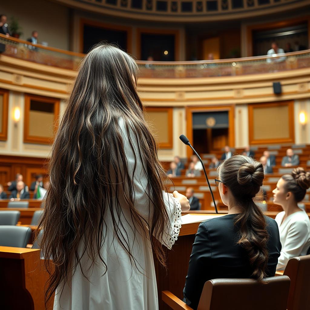 A vibrant scene inside a parliament hall featuring a female parliament member with very long, shiny, and flowing hair that is unbound, captivatingly dressed in a traditional Palestinian dress