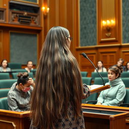 A vibrant scene inside a parliament hall featuring a female parliament member with very long, shiny, and flowing hair that is unbound, captivatingly dressed in a traditional Palestinian dress