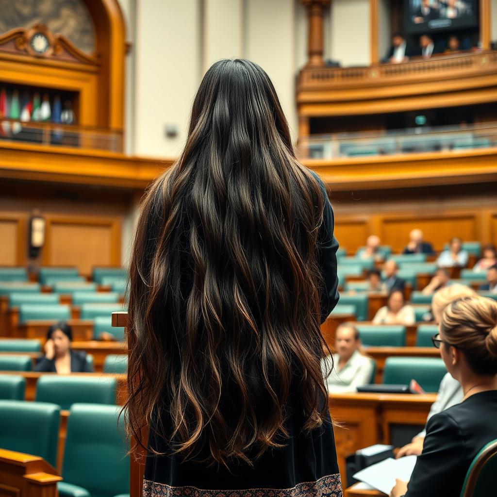 A vibrant scene inside a parliament hall featuring a female parliament member with very long, shiny, and flowing hair that is unbound, captivatingly dressed in a traditional Palestinian dress