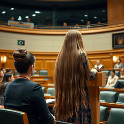 A vibrant scene inside a parliament hall featuring a female parliament member with very long, shiny, and flowing hair that is unbound, captivatingly dressed in a traditional Palestinian dress