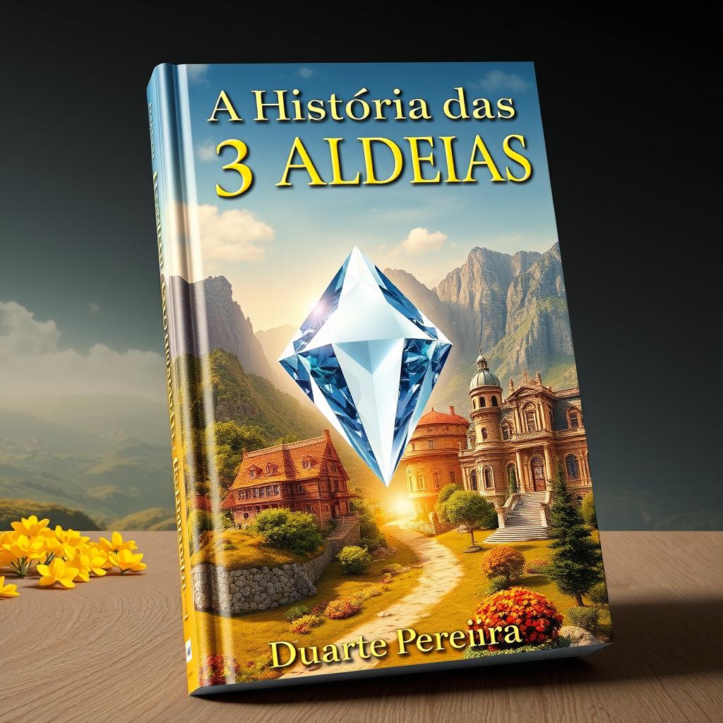 A realistic and visually stunning book cover for 'A História das 3 Aldeias' featuring three distinct and detailed villages: Aldeia Amarela (Yellow Village) with vibrant yellow flowers and warm sunlight, Aldeia Diamante (Diamond Village) shimmering with sparkling jewels and reflective surfaces, and Aldeia dos Ricos (Rich Village) showcasing elegant mansions and opulent surroundings