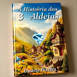 A realistic and visually stunning book cover for 'A História das 3 Aldeias' featuring three distinct and detailed villages: Aldeia Amarela (Yellow Village) with vibrant yellow flowers and warm sunlight, Aldeia Diamante (Diamond Village) shimmering with sparkling jewels and reflective surfaces, and Aldeia dos Ricos (Rich Village) showcasing elegant mansions and opulent surroundings